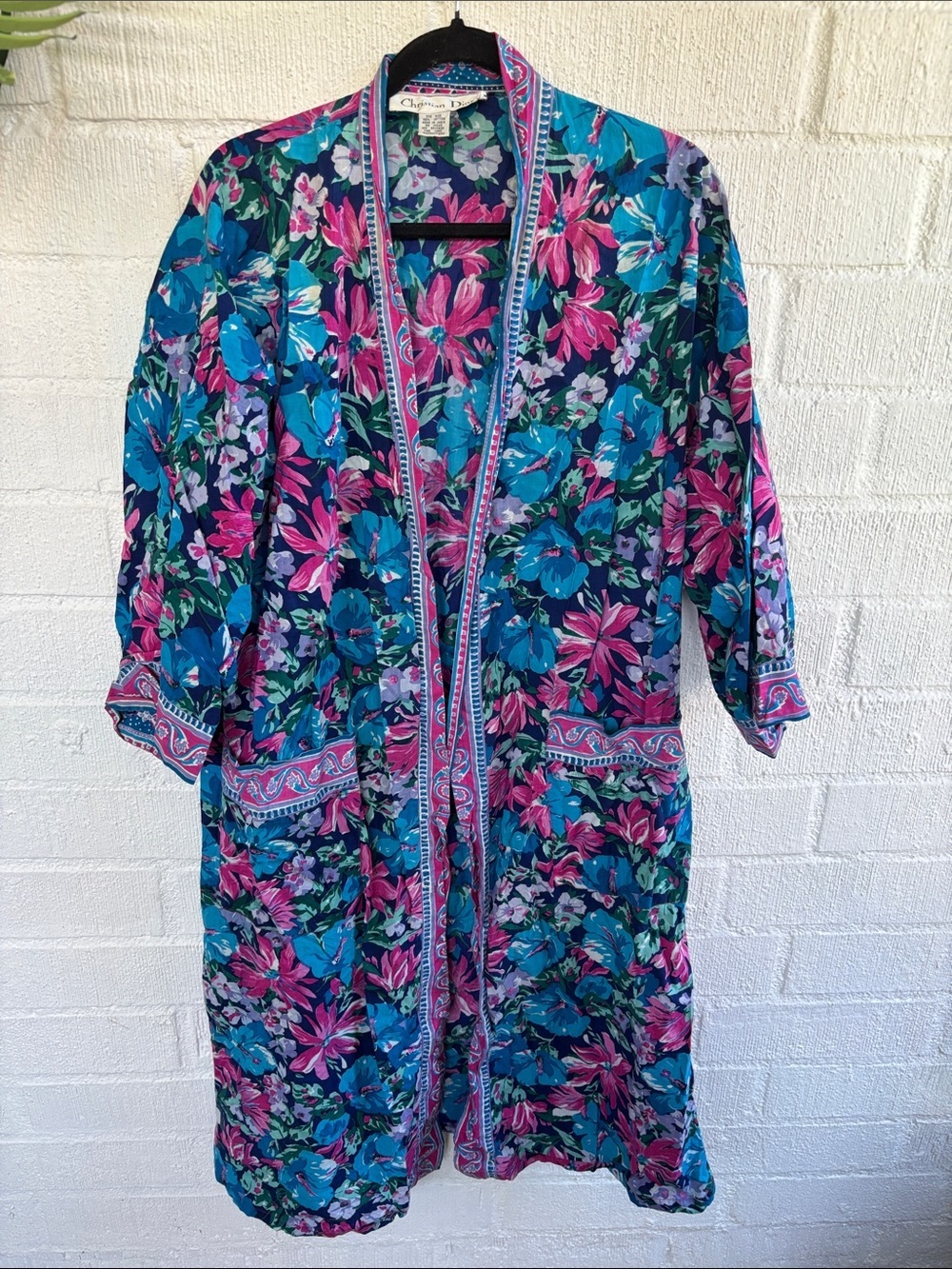 Vintage Christian Dior Floral Cotton Robe in Teal & Pink sz OS